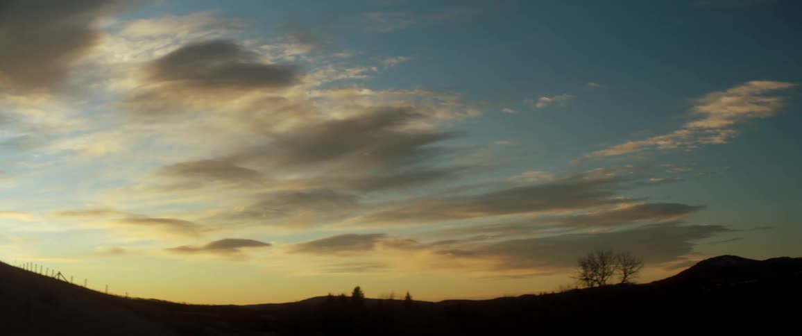 A landscape with a fence and trees with the sky and clouds in the background
