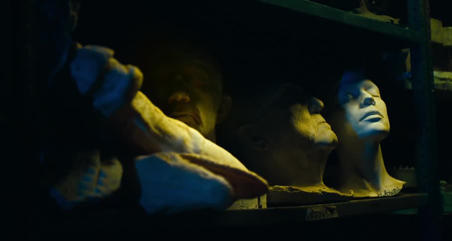 Mannequin heads on a shelf