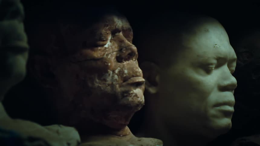 In a dark room a light shining on three male faces two faces you can see clearly with one face covered in clay third face is partially seen