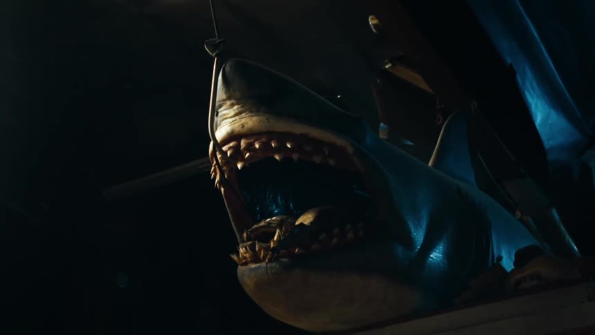 An aquarium with a display of a statue of a shark