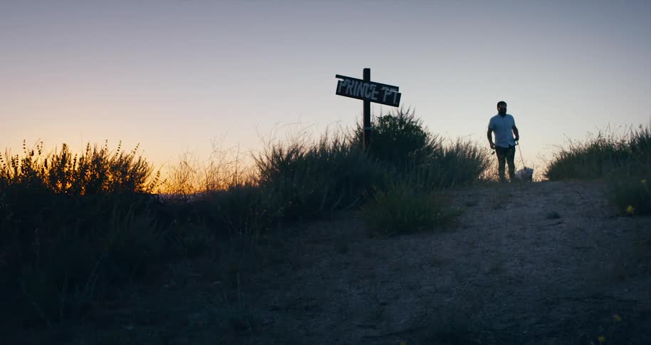 Man walks do on the beach past sign and plants in the sand at sunrise or sunset