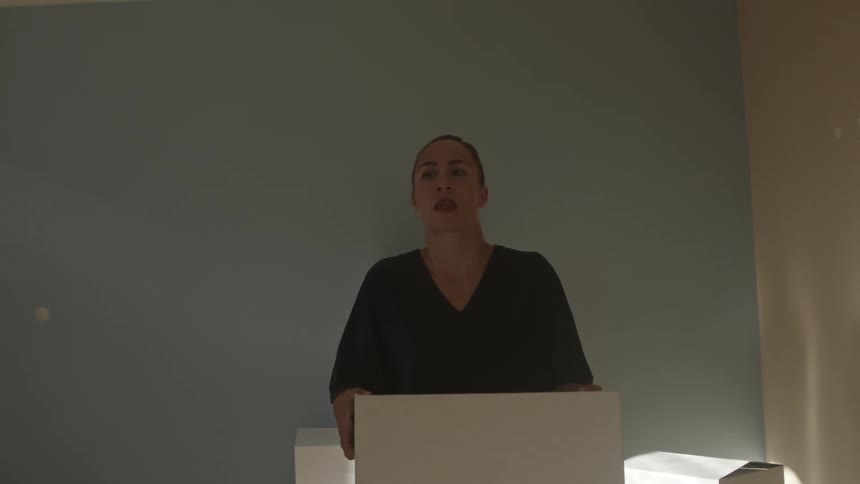 A woman carries a cardboard box through a house on a sunny day