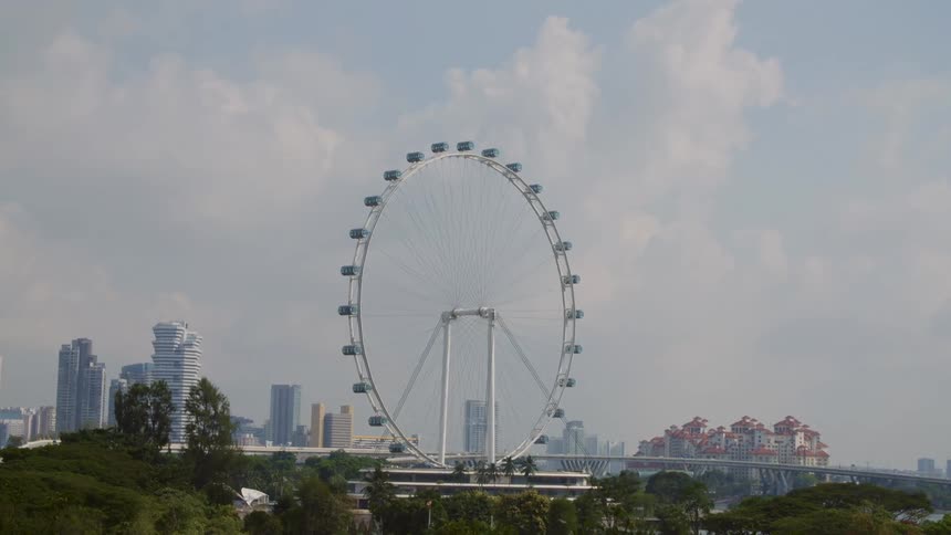 Downtown filled with tall skyscrapers is visible behind a large ferris wheel