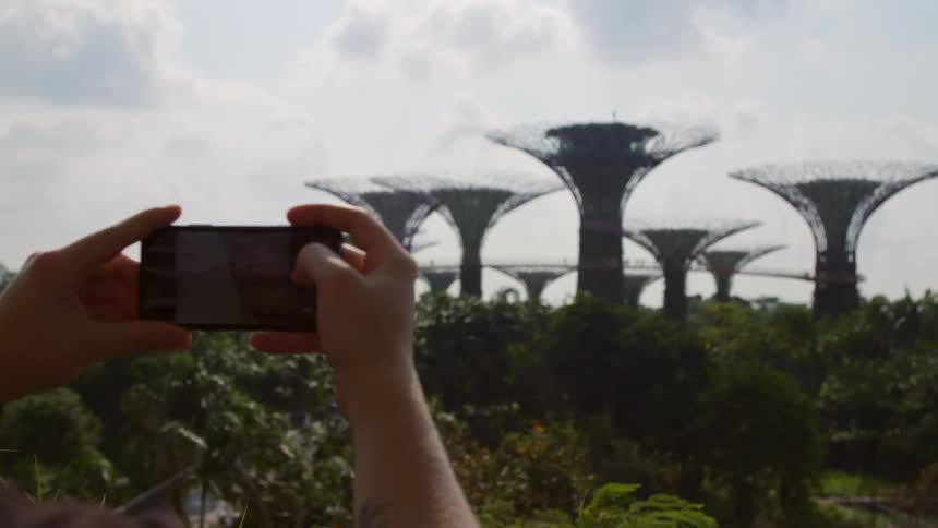 Man with phone takes pictures of large tall structures and people crossing a bridge over treetops