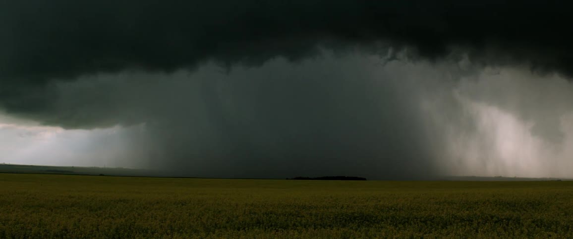 Dark storm clouds dropping rain onto a rural grassy field