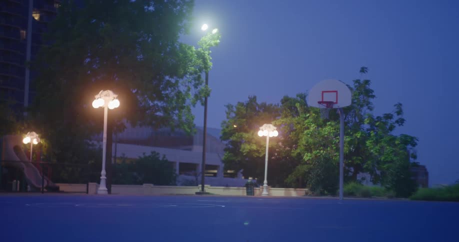 A basketball hoop and street lamps in a park on a summer night