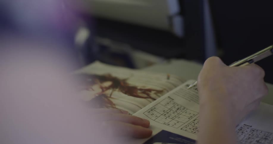 Person playing sudoku on an airplane