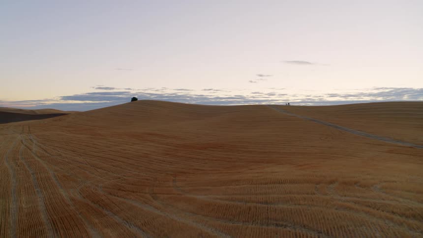 Slow ascent over the rolling hills of a freshly harvested wheat field at sunset