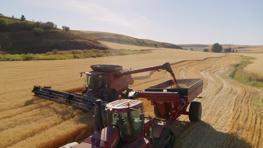 Pullback reveal of a red combine harvester parked on a farm field transferring grain to a tractor and cart