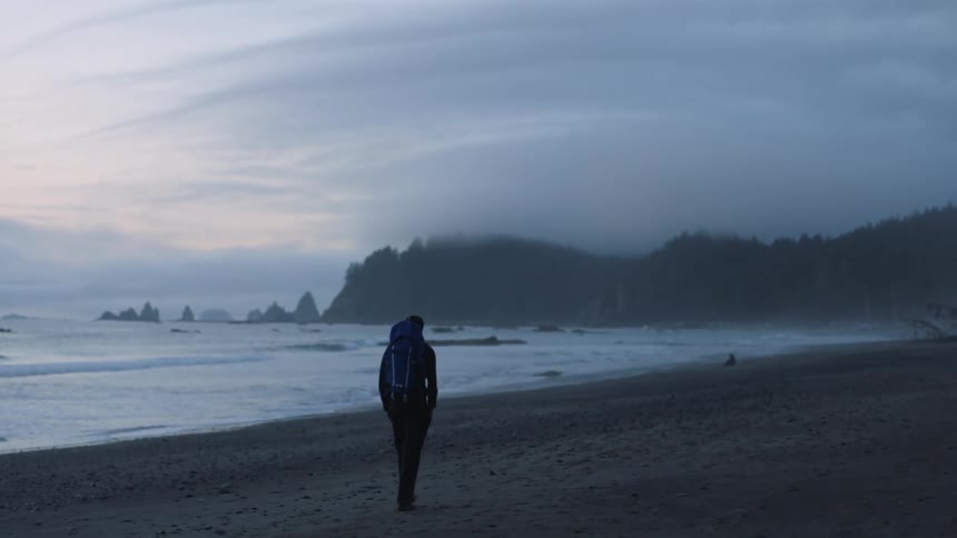 Person carrying backpack walks across beach toward mist shrouded forest covered promontory