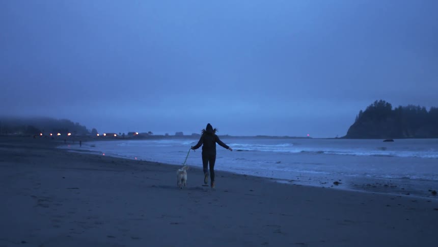 A woman is running down the beach along the surf with her dog while it jumps around excitedly