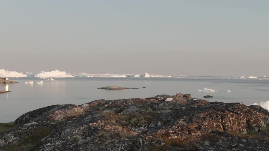 Ice floats on ocean near stony shore