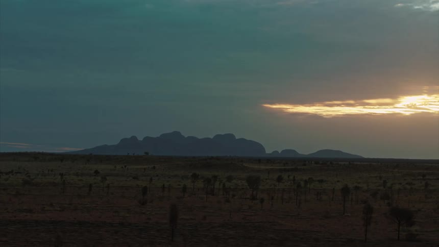 Trees stand in the field near the mountains under a cloudy sky