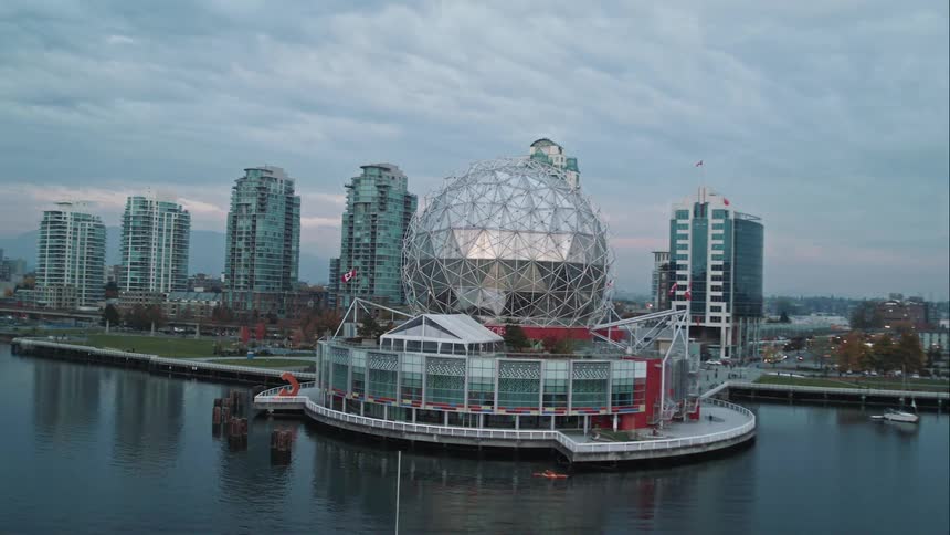 Aerial view of Telus World of Science building in Vancouver's False Creek