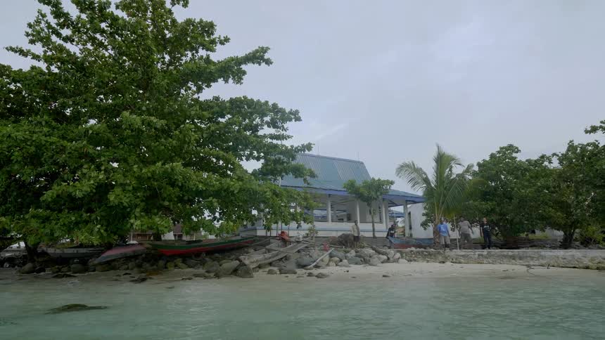A small group of people strain to look at something in the distance while standing on the beach