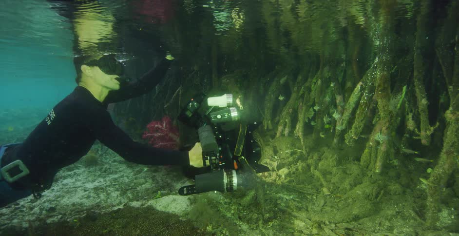 Man scuba diving underwater filming something
