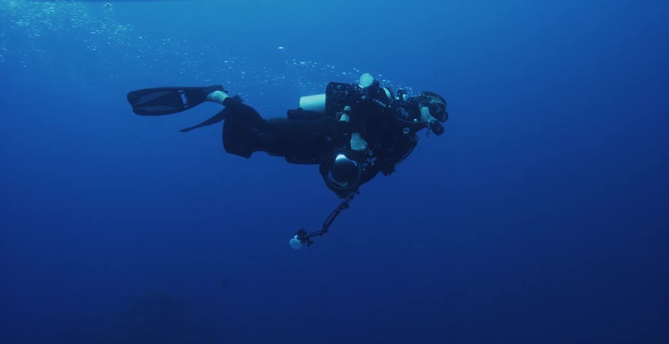 A woman is scuba diving under the water
