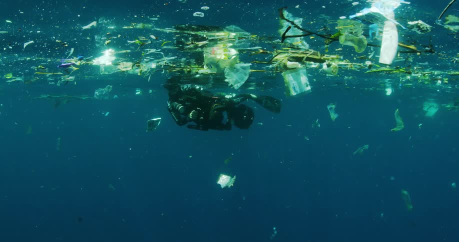 Ocean photographer swims underwater in the ocean amongst debris and trash at the surface