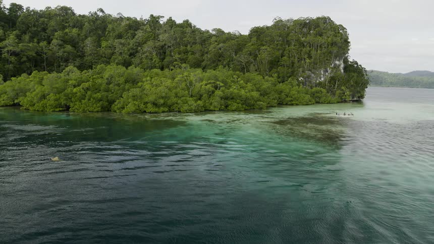 A camera pans around a boat and a lush green island