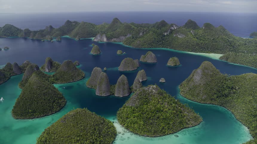 An aerial view of islands in the water