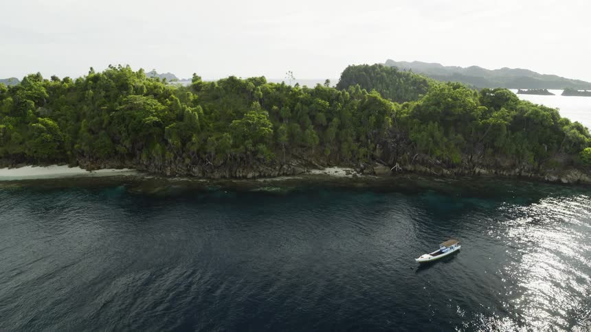 An aerial view of a boat sitting off the shore