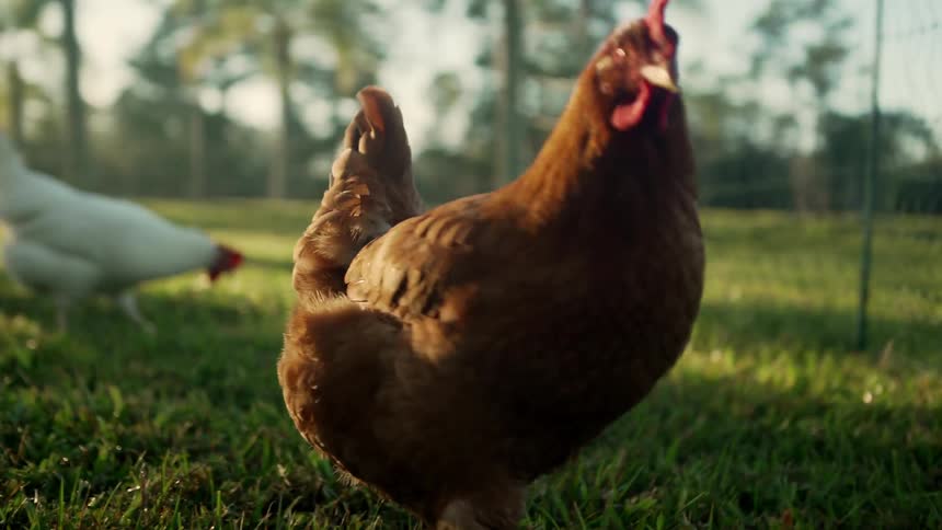 Chickens are in a fenced in area