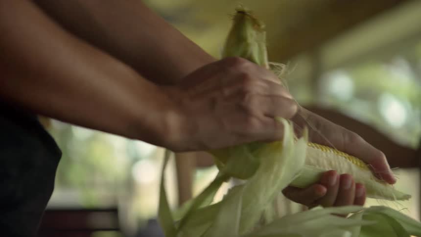 A woman removes the husks from corn while standing at her kitchen table