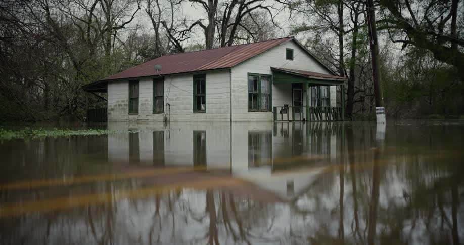 A flooded house in a rural area