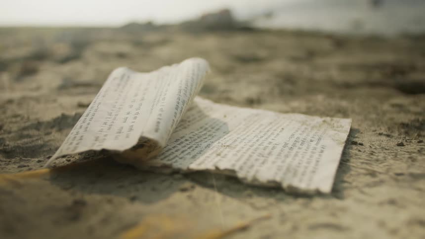A page torn from a book sits on the beach with other debris