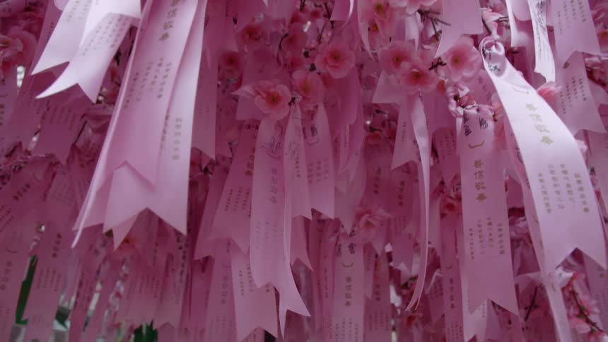 A shot of pink ribbons and flowers hanging from a ceiling