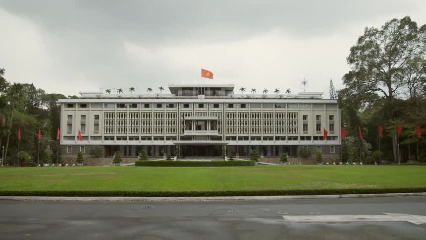 Official building with vietnamese flags
