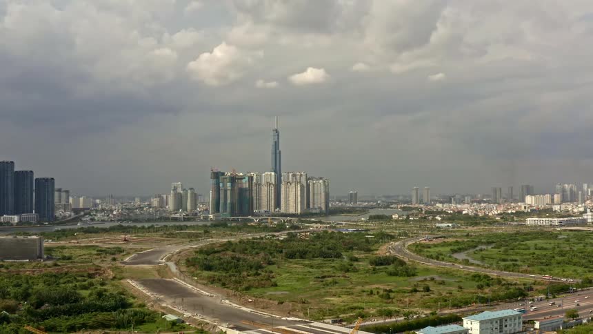 Downtown city with a cloudy sky