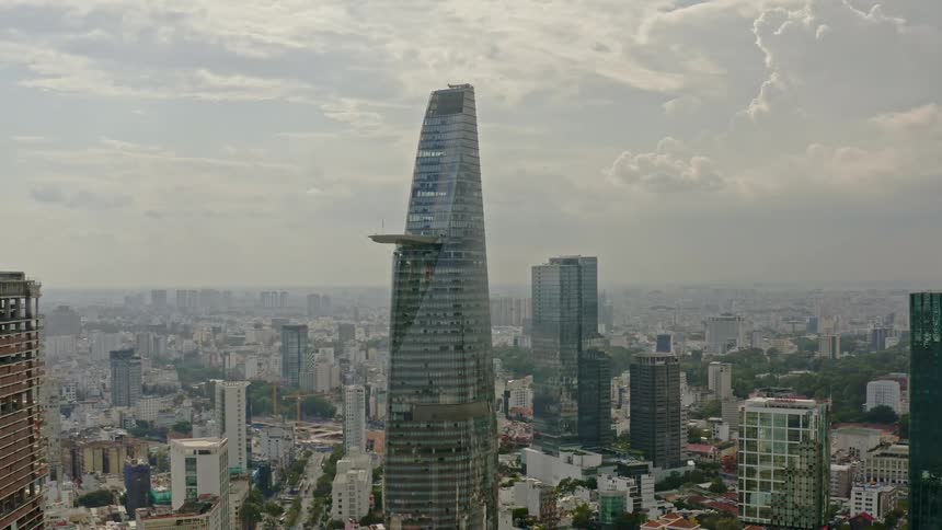 Aerial view of a downtown city is displayed