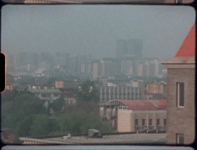A view of a city and skyline from a building