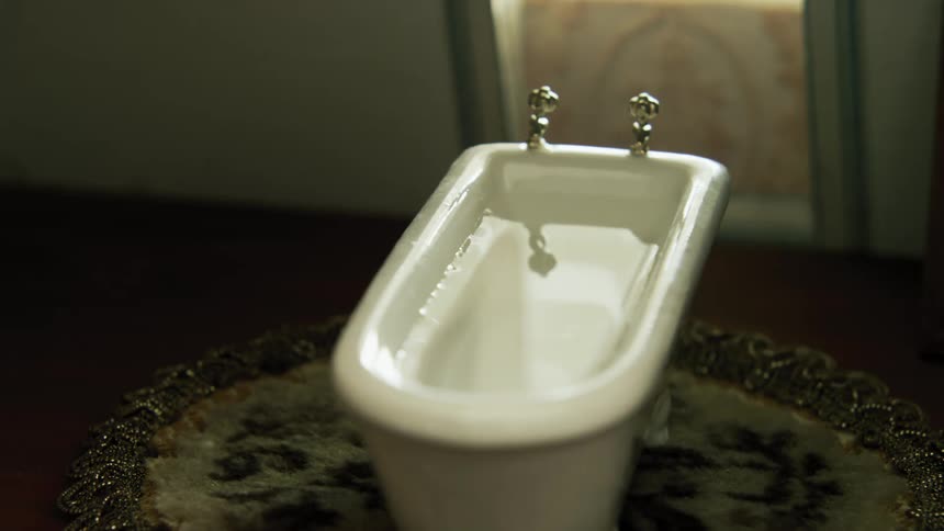 Miniature bathtub full of water in room on top of a rug