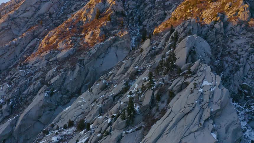 An aerial view of a rocky mountain range with snow and pine trees at dawn