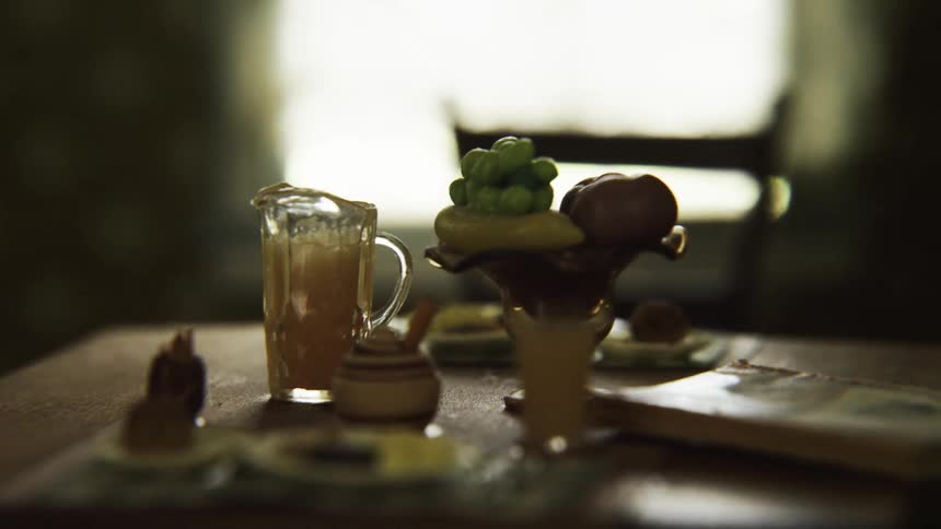 A table in a room with toy food