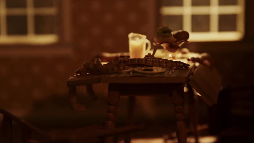 Insects crawling around on a table inside of a miniature dining room