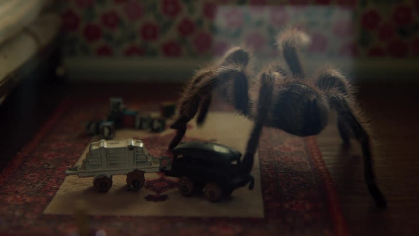 A large spider walks through a miniature bedroom in a doll house