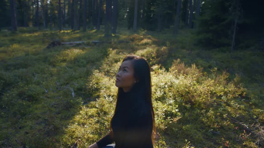A woman sitting in the forest with trees the sky and clouds in the background