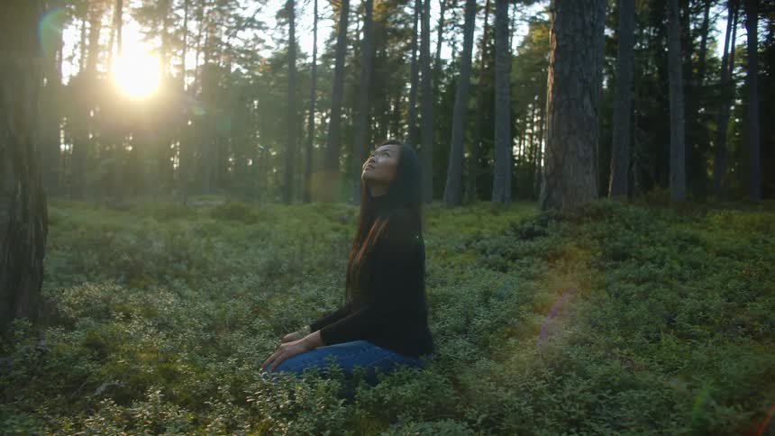 A woman sitting in the forest with trees the sky and clouds in the background
