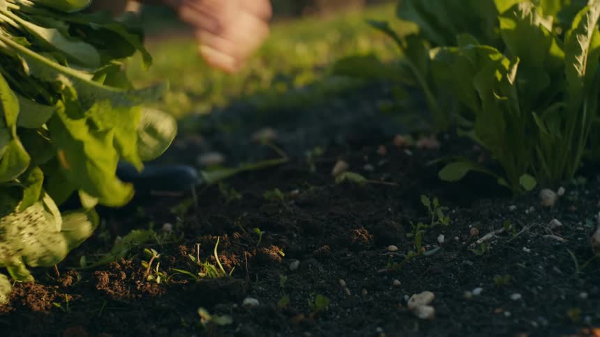Hand pulling a bundle of a fresh herbs out of the ground from a garden