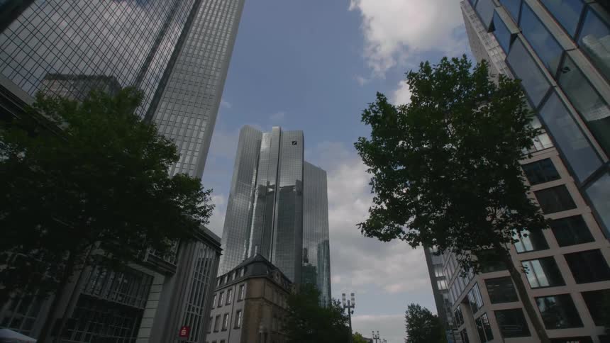 City buildings with trees and street lights with a blue sky in sunlight