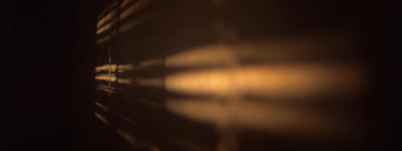 Sunlight shines through the blinds and creates a pattern of shadows