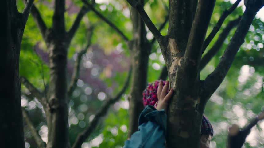 Little girl with a beanie and a denim jacket climbs a tree