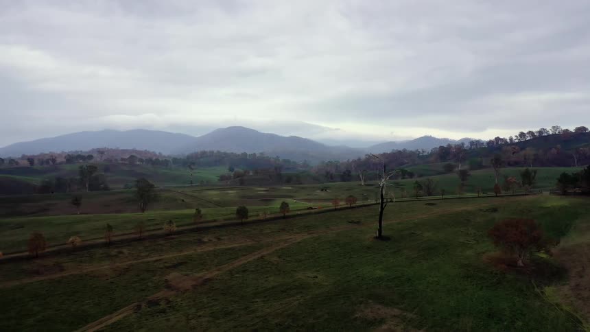 Aerial view of landscape with grass plains and mountains in overcast weather