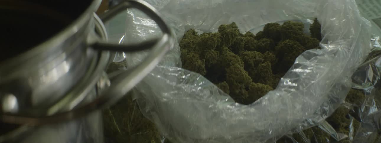A plastic bag full of green herbs next to silver pot