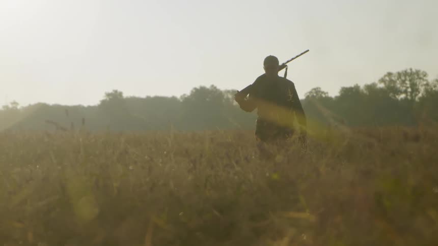 A male hunter is walking through a marsh with long grass with the sun low in the sky