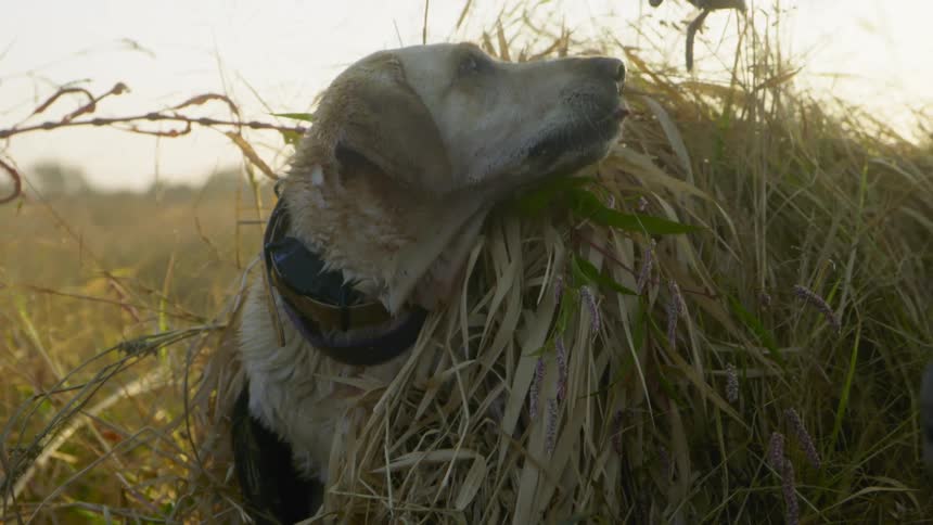 Dog covered in a grass bush at day time holding a dead duck in its mouth and giving it to its owner