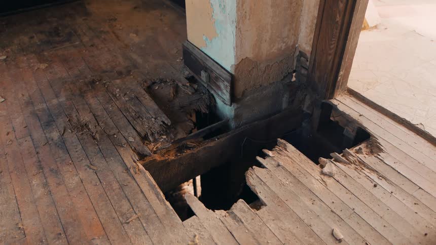 Hole in rotten floor in rundown house leaves broken splintered wood